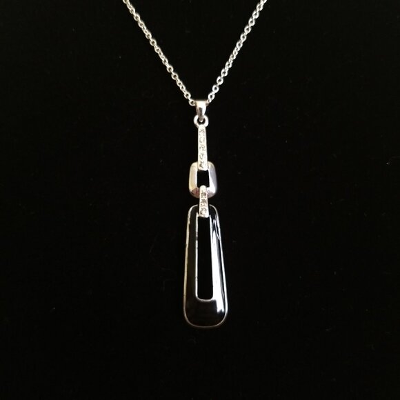 Silver Tone Necklace with Black Rhinestone Oblong Rectangular Pendant Modern - Picture 2 of 6